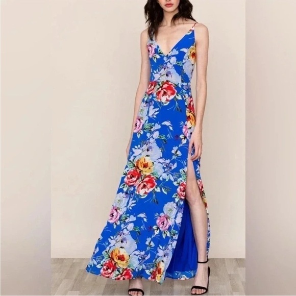 Yumi Kim Revolve Jasmine Silk Maxi Dress Floral Slit Blue Wedding Size Small - Picture 1 of 13